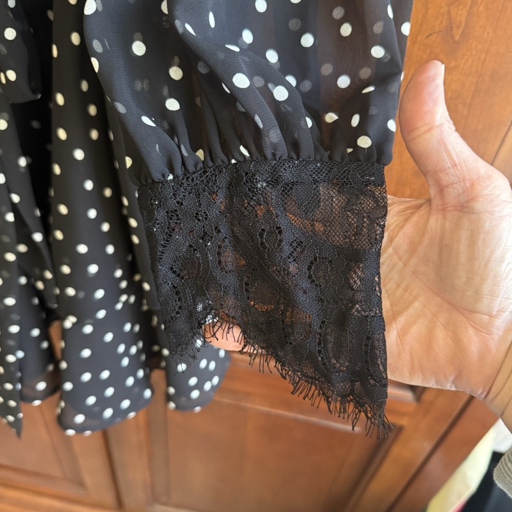 ASOS Black Polka Dot Mini Dress Size 8‎ Ruffle Skirt W/ Lace Trim Balloon Sleeve - Picture 6 of 7
